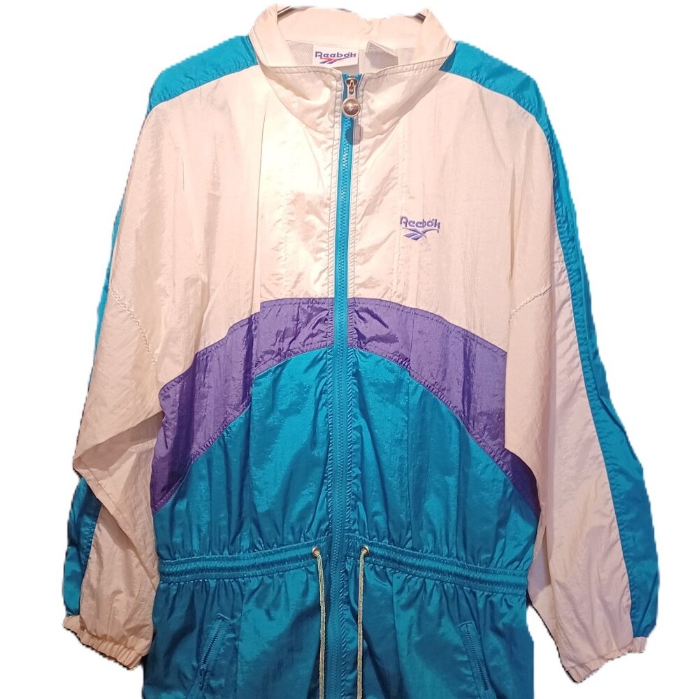 Vintage REEBOK Windbreaker Jacket Blue Purple White Waist Cinch Full Zip Medium